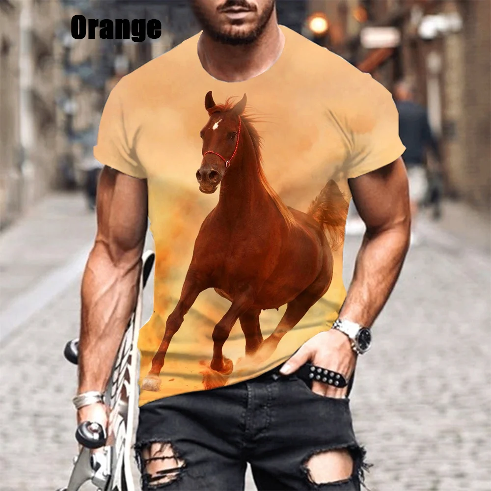 New Fashion Summer Horse 3D Paint Slim T Shirt 3D Printing Short-sleeved Casual Round Neck Men's Tops