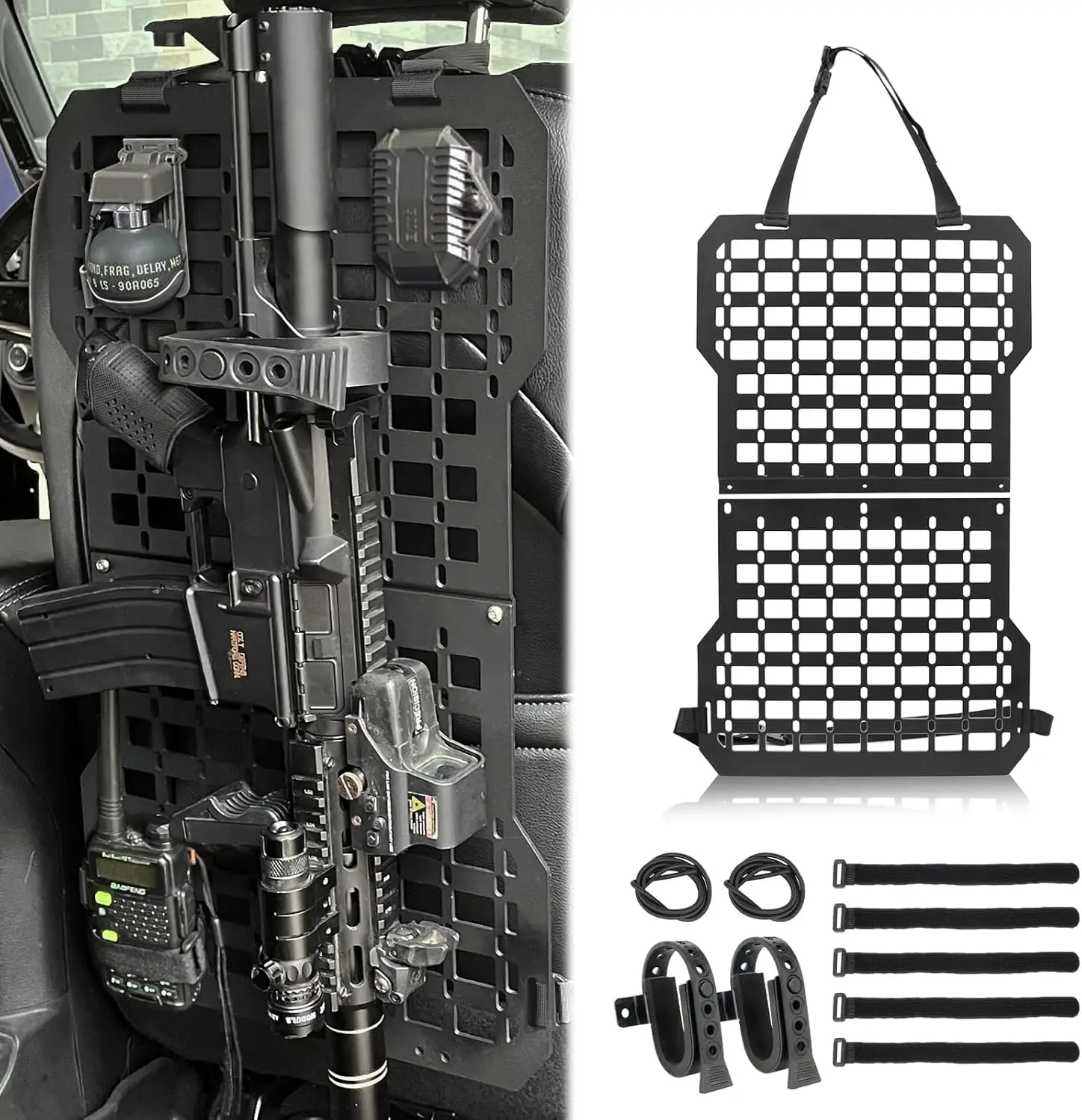 Rigid Molle Panel for Vehicle Seat Back Truck Mount Organizer with Gun Rack Hook Loop Fasteners Elastic Rope Storage Black