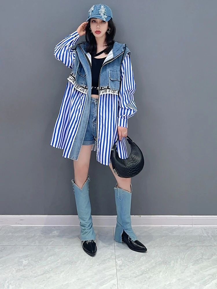 SuperAen Spring Summer 2023 New Korean Fashion Hooded Denim Fake Two-piece Shirt Jacket Coat