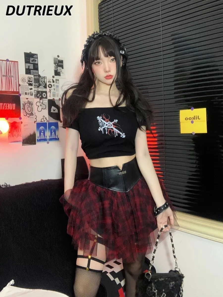 Summer New American Hot Girl Style Mesh Stitching Red Plaid Short Skirt Retro High Waist Sweet Pleated Miniskirt Mini Skirts