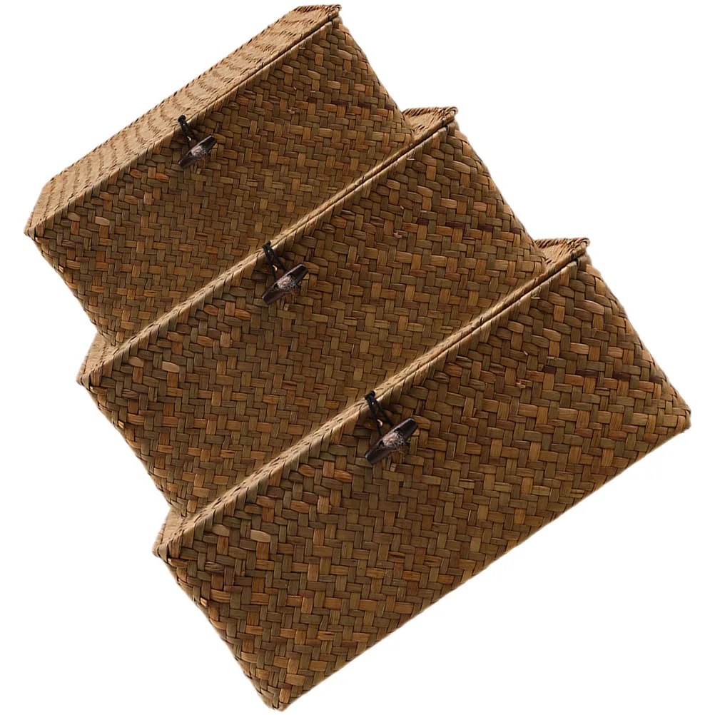 

3pcs Storage Box with Lid Handwoven Seagrass Basket Longlasting Desktop Toy Organizer Simple Portable Woven Box