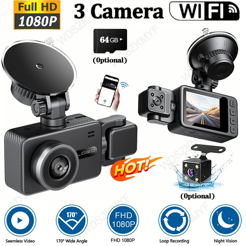 

3-канальный видеорегистратор для автомобильной камеры 1080P Автомобильный видеорегистратор с Wi-Fi ночного видения G-сенсором Петля записи автомобиля Черный ящик Автомобильные аксессуары