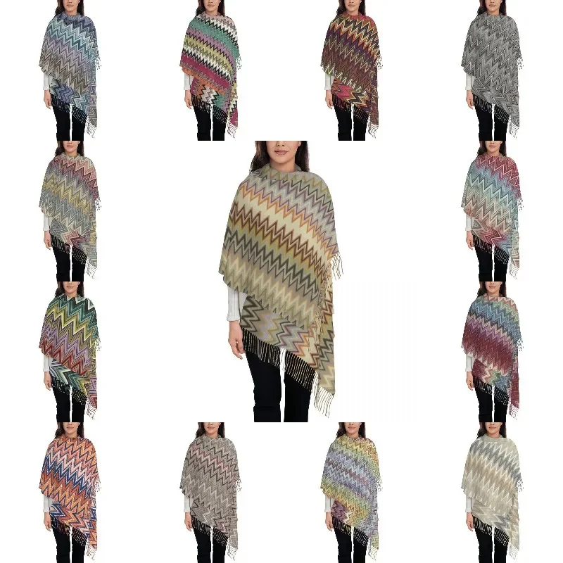 Female Large Chic Colorful Zig Zag Chevron Scarves Women Winter Soft Warm Tassel Shawl Wraps Geometric Camouflage Zigzag Scarf