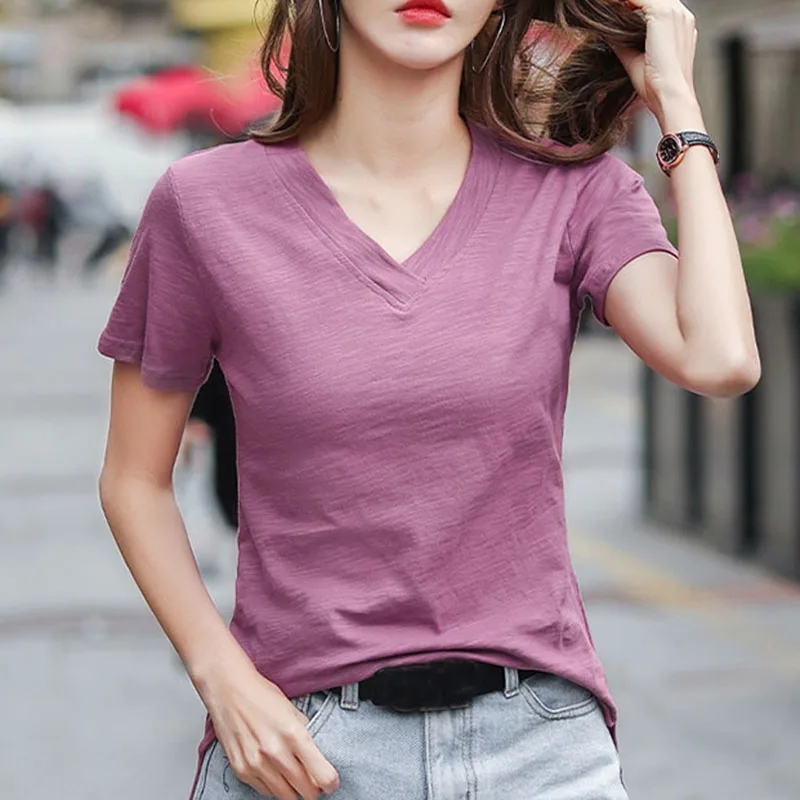 Cotton Short Sleeve T-shirt Women V Neck Tees Casual White Tshirts Basic Tops Korean Woman Clothing 2025 Summer Ropa De Mujer