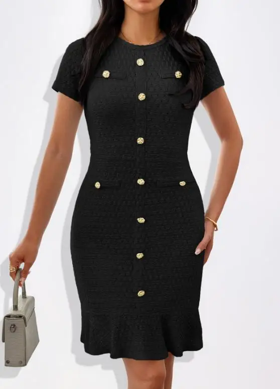 

2025 Autumn/winter New Fashion Casual Elegant Sexy Button Short Sleeve Bag Hip Skirt Dress Women's Wear Female Clothing