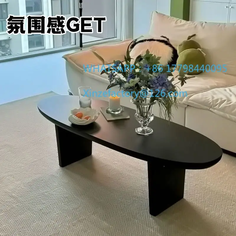 طاولة قهوة من الخشب الصلب الأسود قابلة للتخصيص، طاولة بيضاوية بسيطة لغرفة المعيشة المنزلية #2