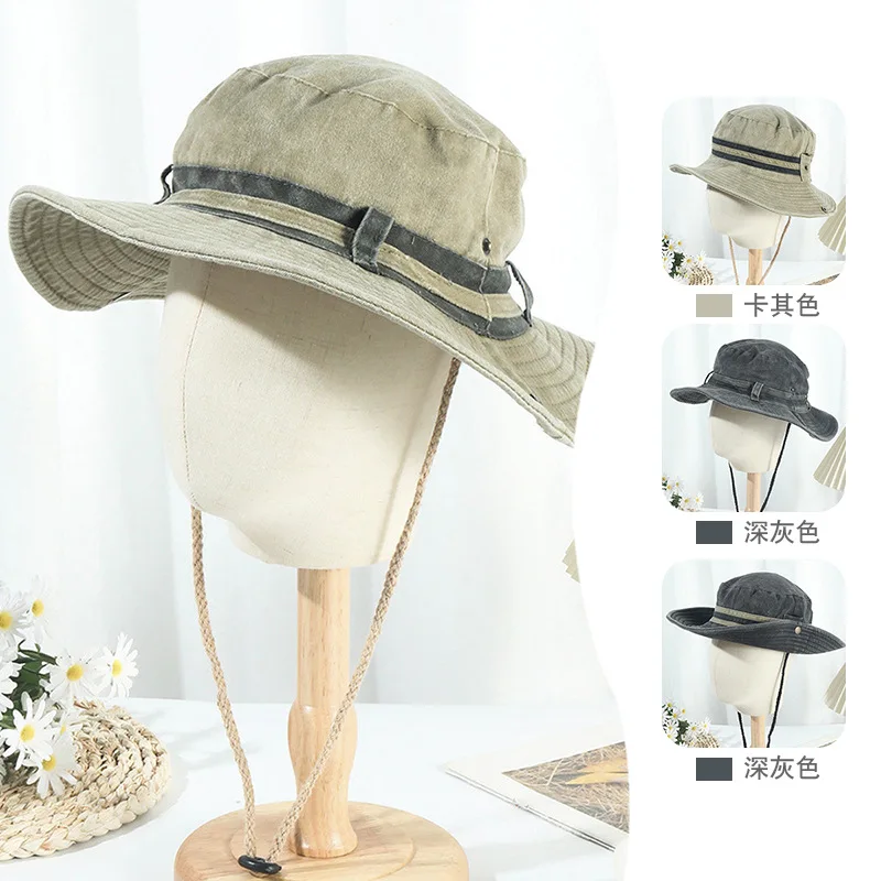 قبعة دلو برباط من رعاة البقر الغربي للحماية من أشعة الشمس الصيفية العتيقة، قبعة سفر متعددة الاستخدامات للمشي لمسافات طويلة والتخييم #1