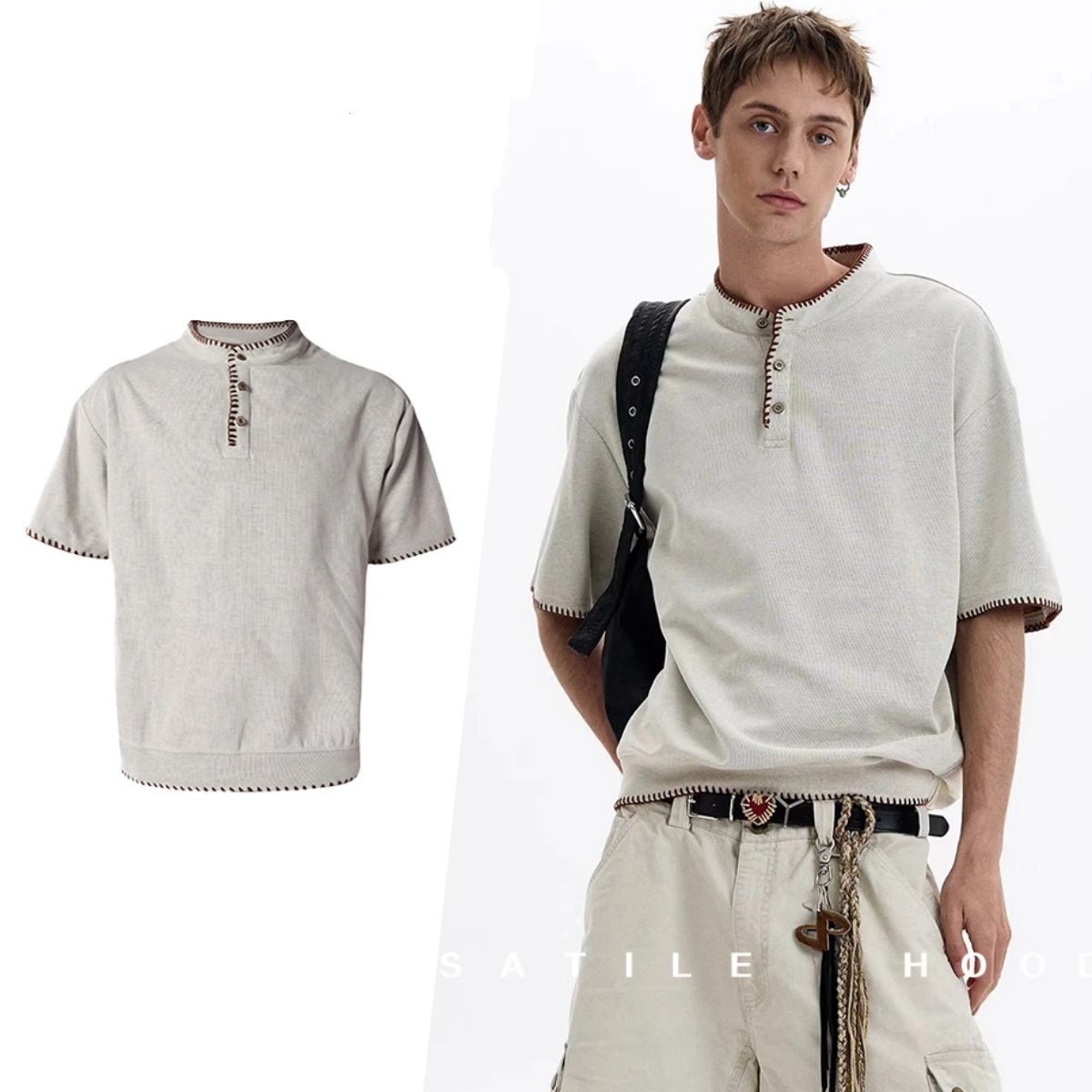 henry neck t-shirt men's t-shirts and tank tops men's vintage hand sewn women's loose casual vintage