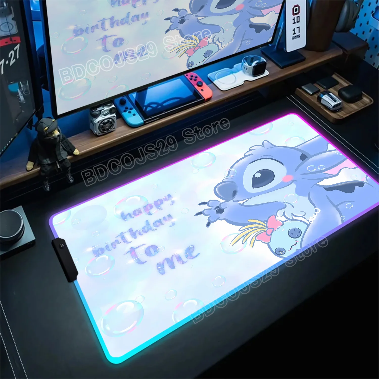 RGB Glowing Mat Cute Anime Cartoon Stitch Mousepad HD Computer Gamer Locking Edge Non-slip Mouse Mat Office Large XXL Mouse Pad