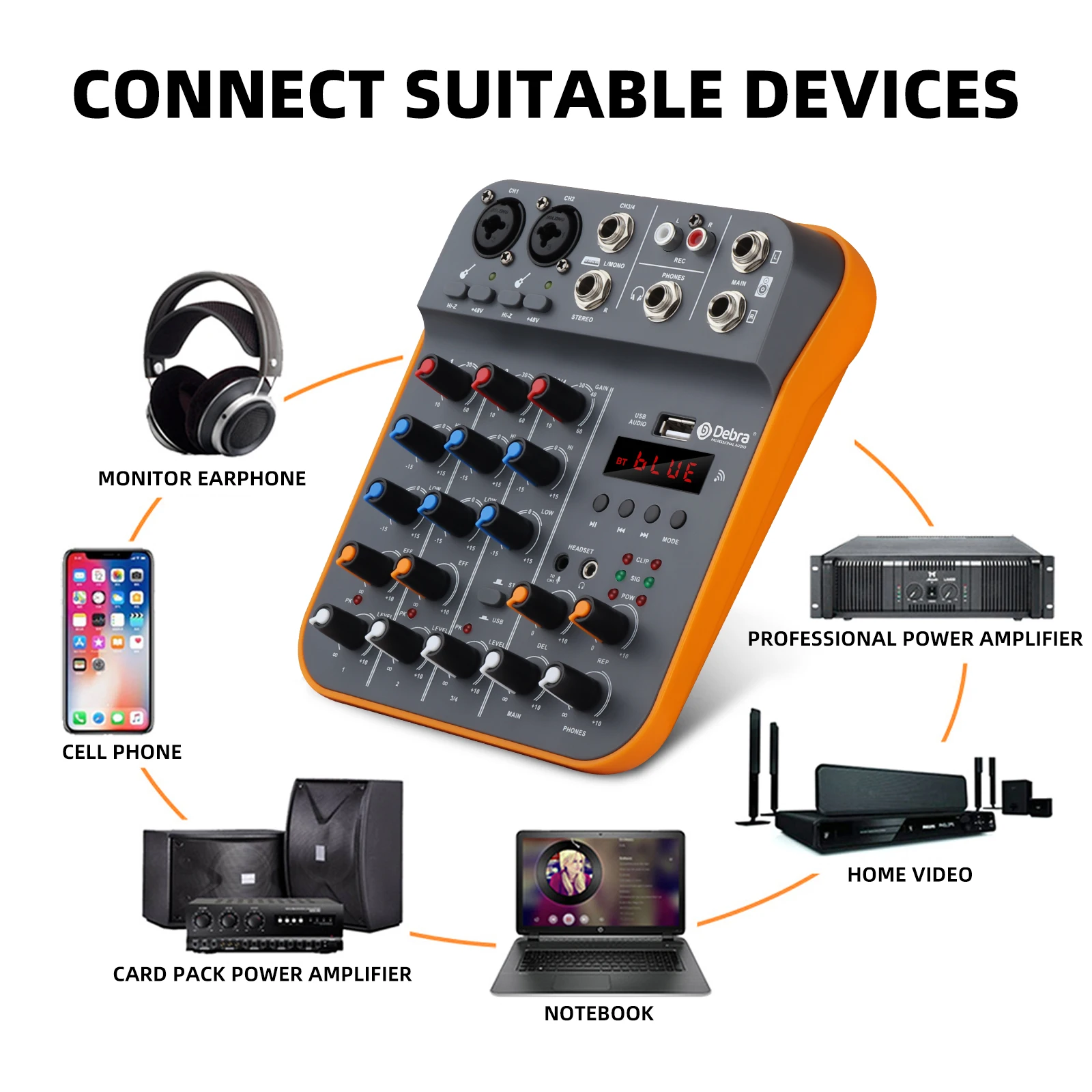 Neues 4-Kanal-Audio-Mixer-DJ-Mischpult mit Bluetooth 4. 0 48-V-Phantomstrom für PC-Aufnahmen, Mikrofon-Live-Streaming