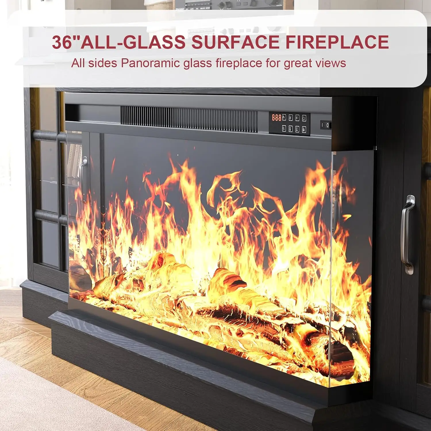 70'' Farmhouse TV Stand With 36'' Electric Fireplace, 3-Sided Glass, LED Flame, Storage For Living Room, Customized