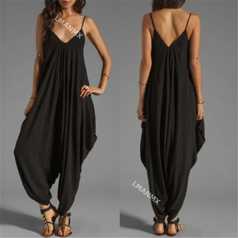 Women Casual Sleeveless Jumpsuits Summer Deep V-Neck One-piece Solid Long Rompers Casual Plus Size Loose Long Pants Playsuits