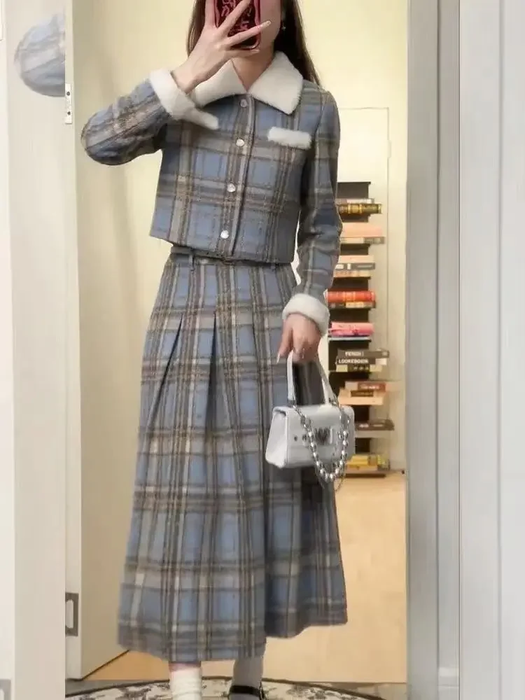 

New Retro Plaid Plush Long Sleeved Patchwork Short Jacket+high Waisted Long Skirt Two-piece Set 2026 Autumn and Winter hotsale