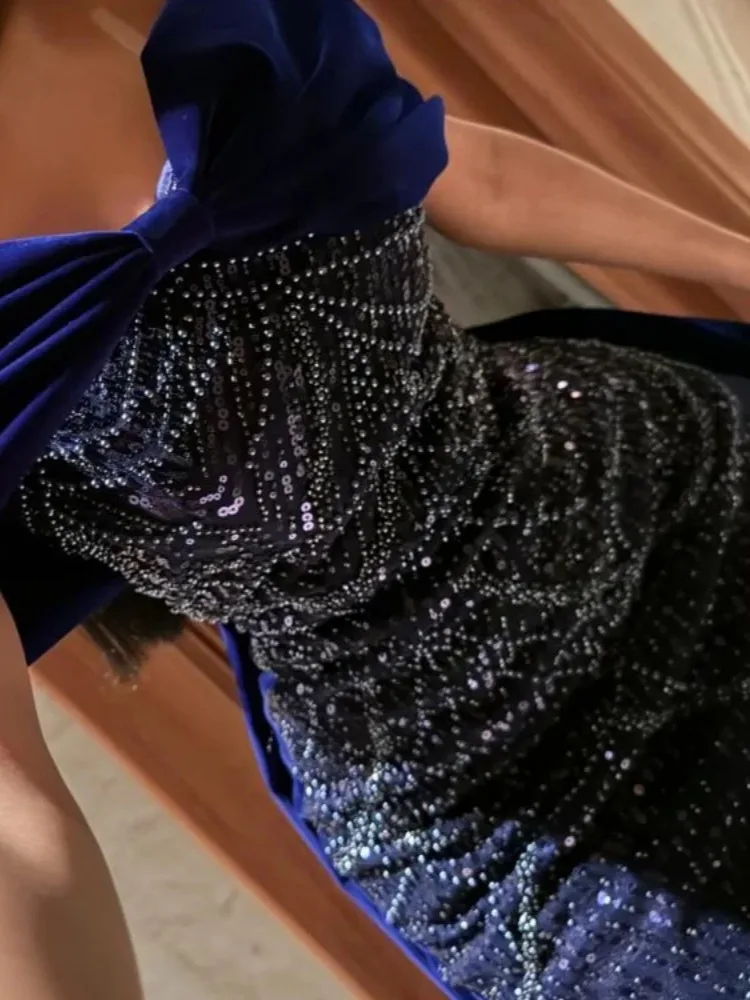 Shiny Navy Blue Prom Dresses Off Shoulder Velvet Sweetheart Floor Length Formal Evening Party Gown Cocktail Dress image 2