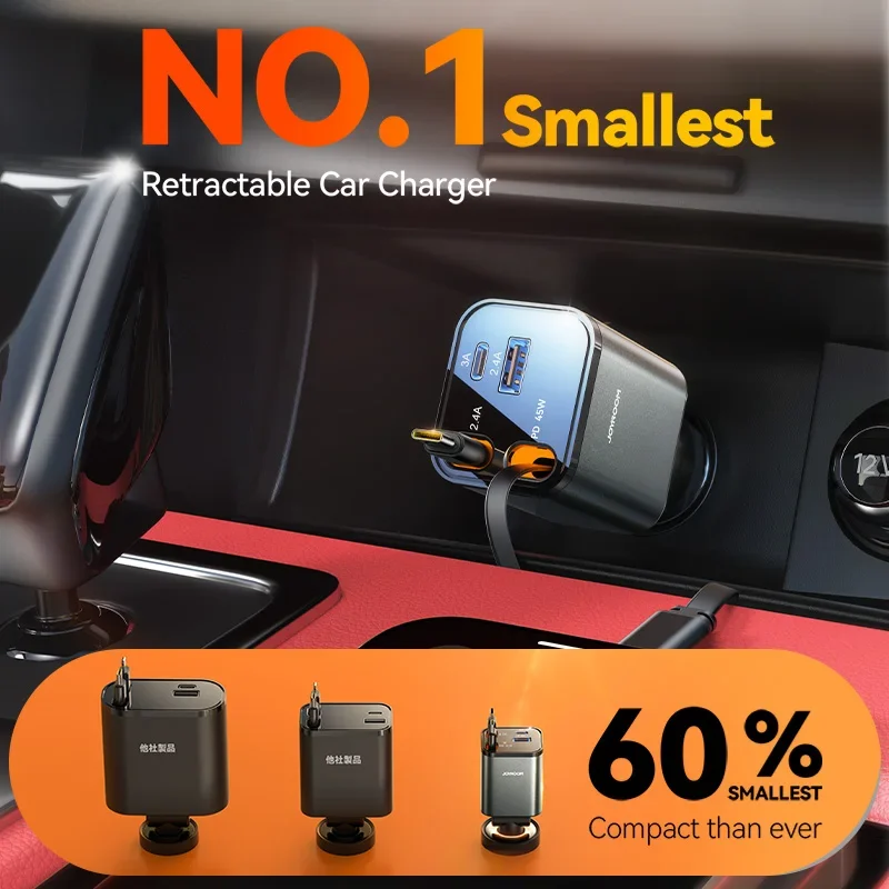 Joyroom 84 واط شاحن سيارة مع كابل قابل للسحب شحن سريع ولاعة السجائر محول المزدوج نوع C كابلات آيفون 17 16 15