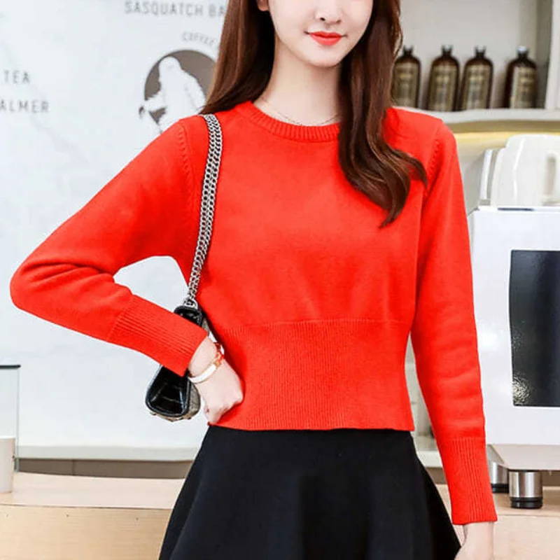 Women Autumn Winter New O-Neck Pullover Sweater Commuting Simple Knit Bottom Shirt Slim Look Thinner Versatile Long Sleeved Tops