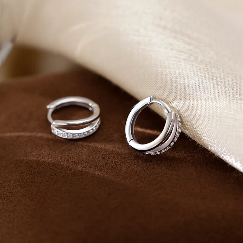 

Real 925 Sterling Silver Zircon Double Layered Round Hoop Earrings For Women Fine Jewelry Light Luxury Geometric Accessories