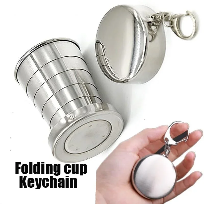 1Pc 75ML Stainless Steel Folding Cup Keychain Stainless Steel Folding Retractable Cup Teacups Teaware Folding Glass