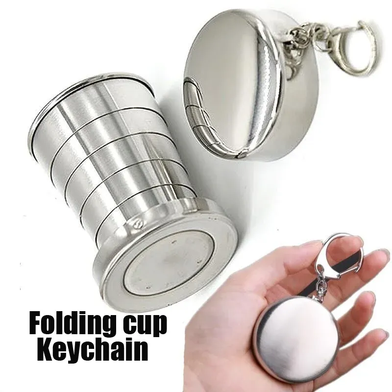  1Pc 75ML Stainless Steel Folding Cup Keychain Stainless Steel Folding Retractable Cup Teacups Teaware Folding Glass 