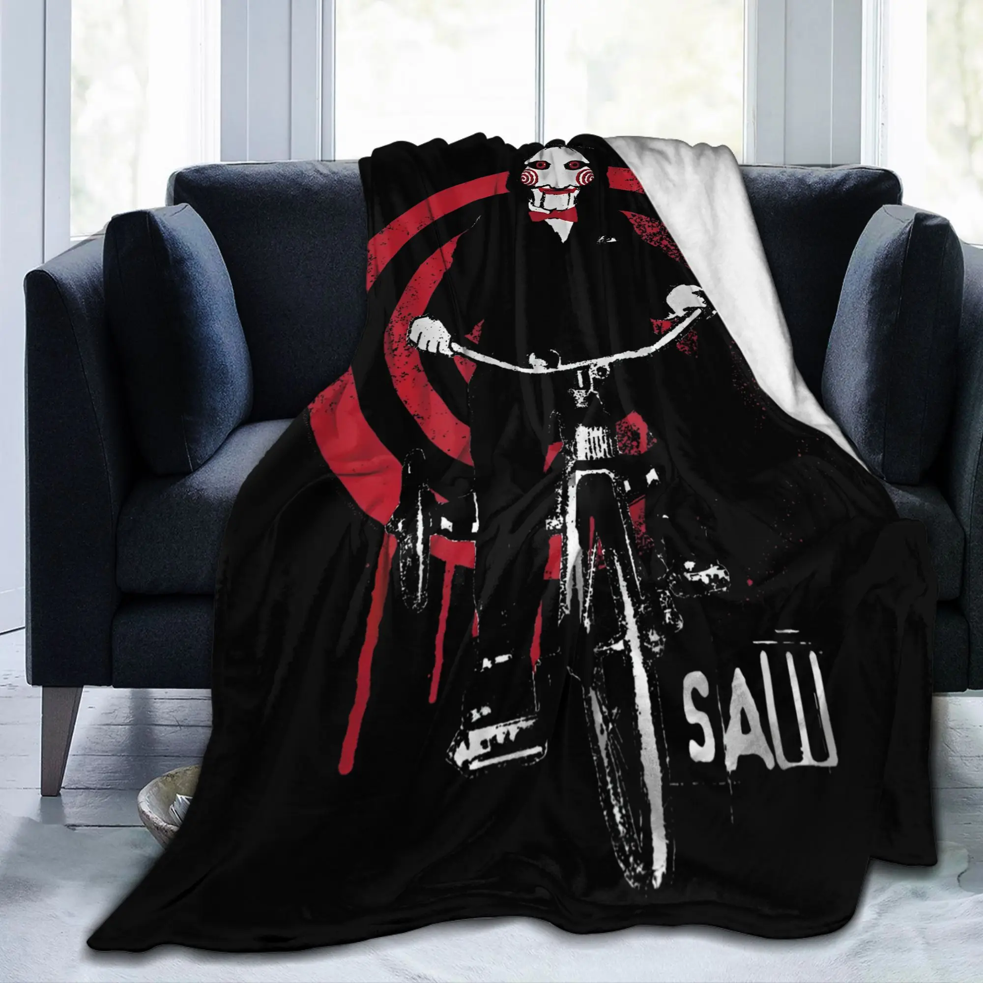 Saw Jigsaw on Bike Movie Blankets Halloween Torture Fashion  Wool Throw Blankets Bedroom Sofa Portable Soft Bedspread Breathable