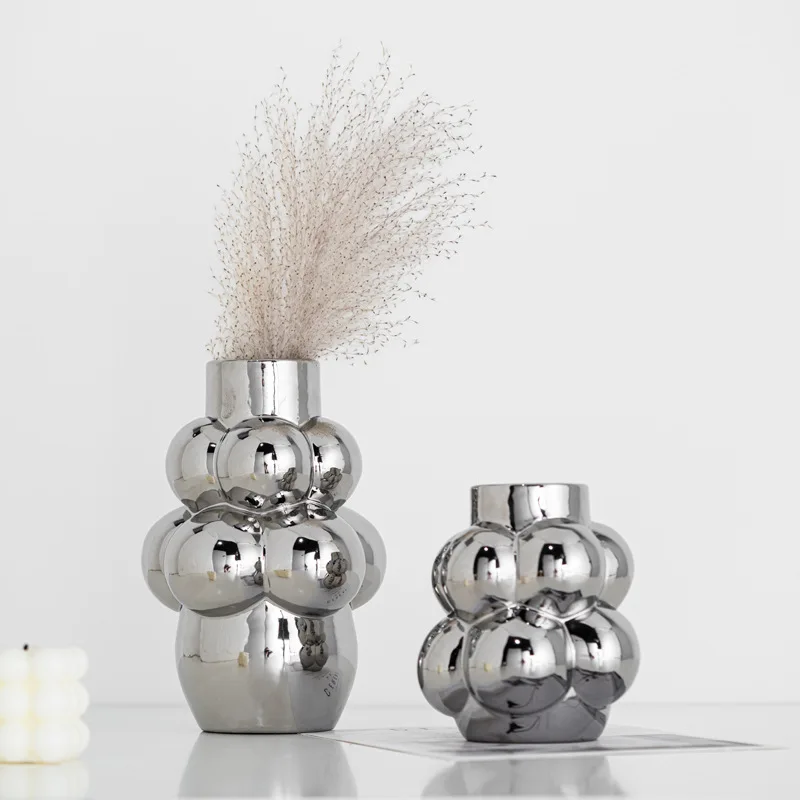 Silver Electroplated Bubble Ball Ceramic Flower Vase Viral Photo Prop Creative Floral Container Home Desktop Decor Wholesale