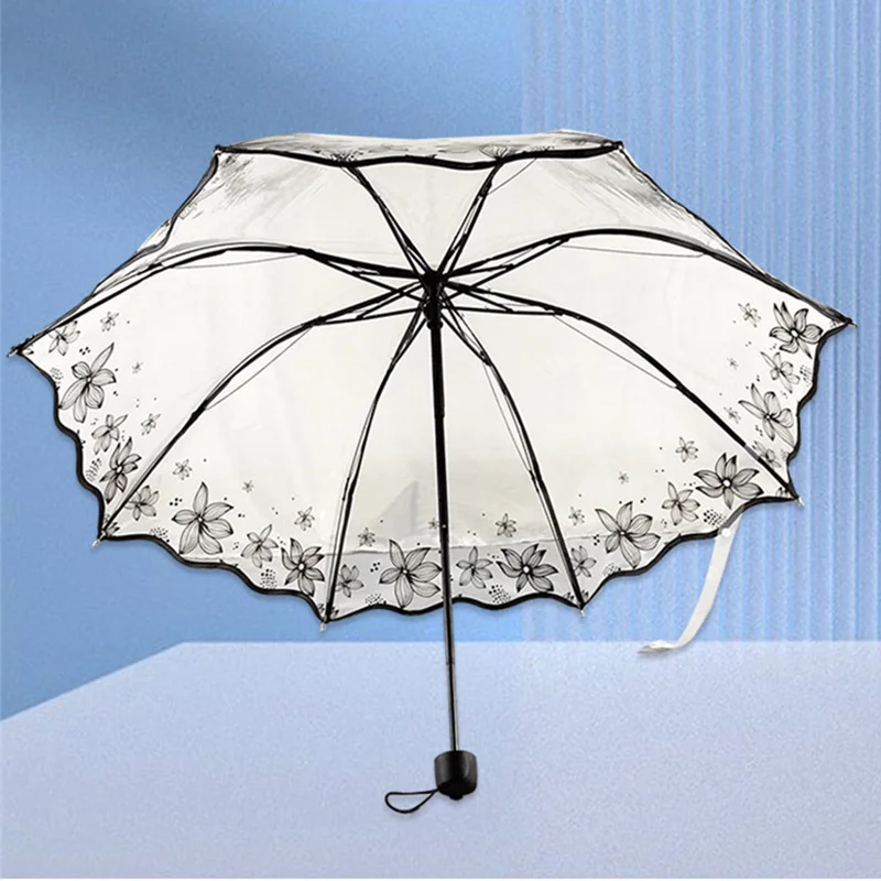 New Wave Edge Retro Transparent Umbrella PVC Cute Mini Fresh Three Folding Arch Butterfly Rose Umbrella Rainproof and Windproof