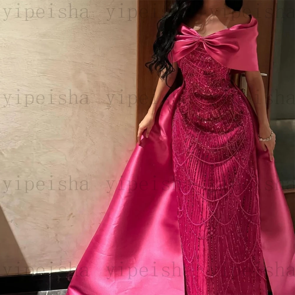 Customized V-Neck Evening Dresses Straight Off The Shoulder Sequined Beading Long Prom Gown Backless Floor-Length Party Dress