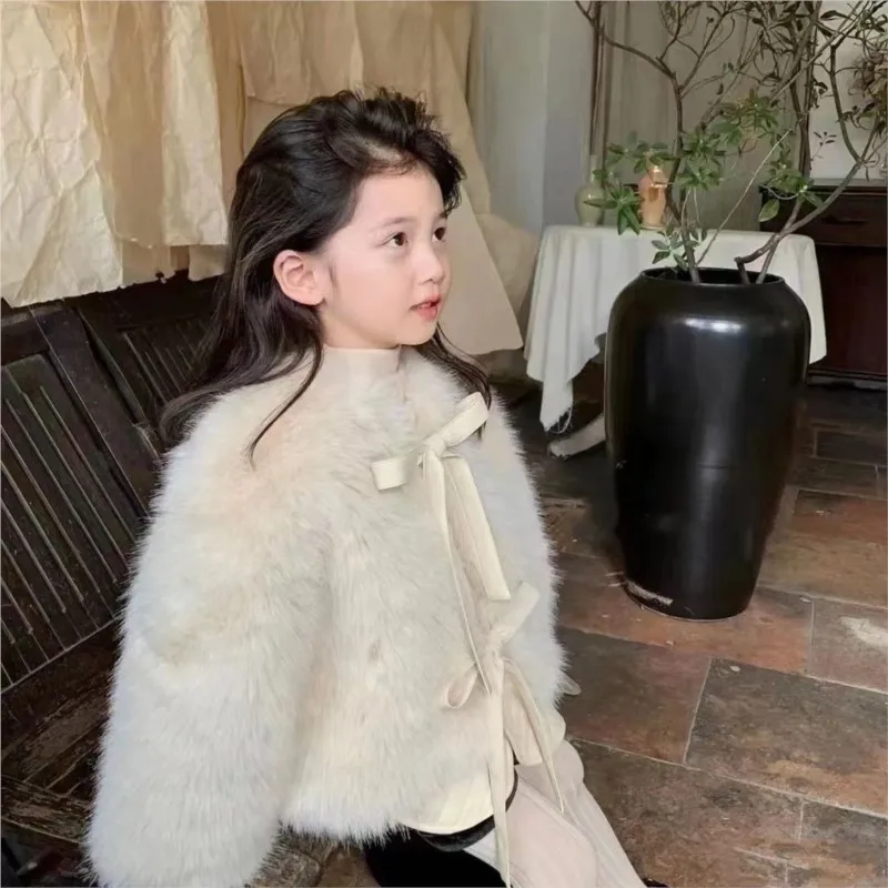 Fashion Baby Girl Faux Fur Jacket Bow Tie Infant Toddler Child Warm Fluffy Coat Winter Spring Autumn Outwear Baby Clothes 1-7Y