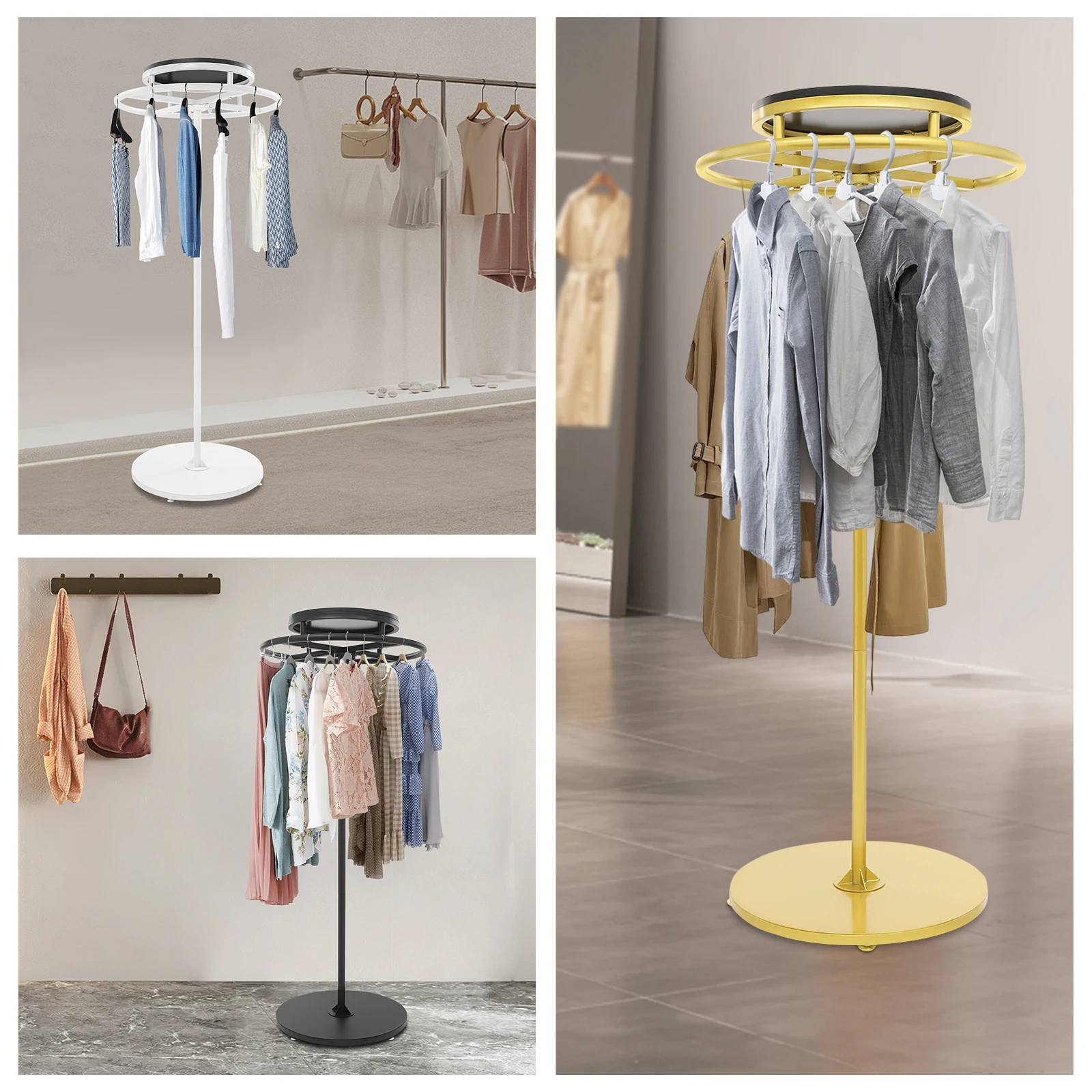 Round Clothing Rack Clothes Display Rack 360° Rotation Garment Rack for Home, Clothing Stores, Boutiques White/Black/Gold