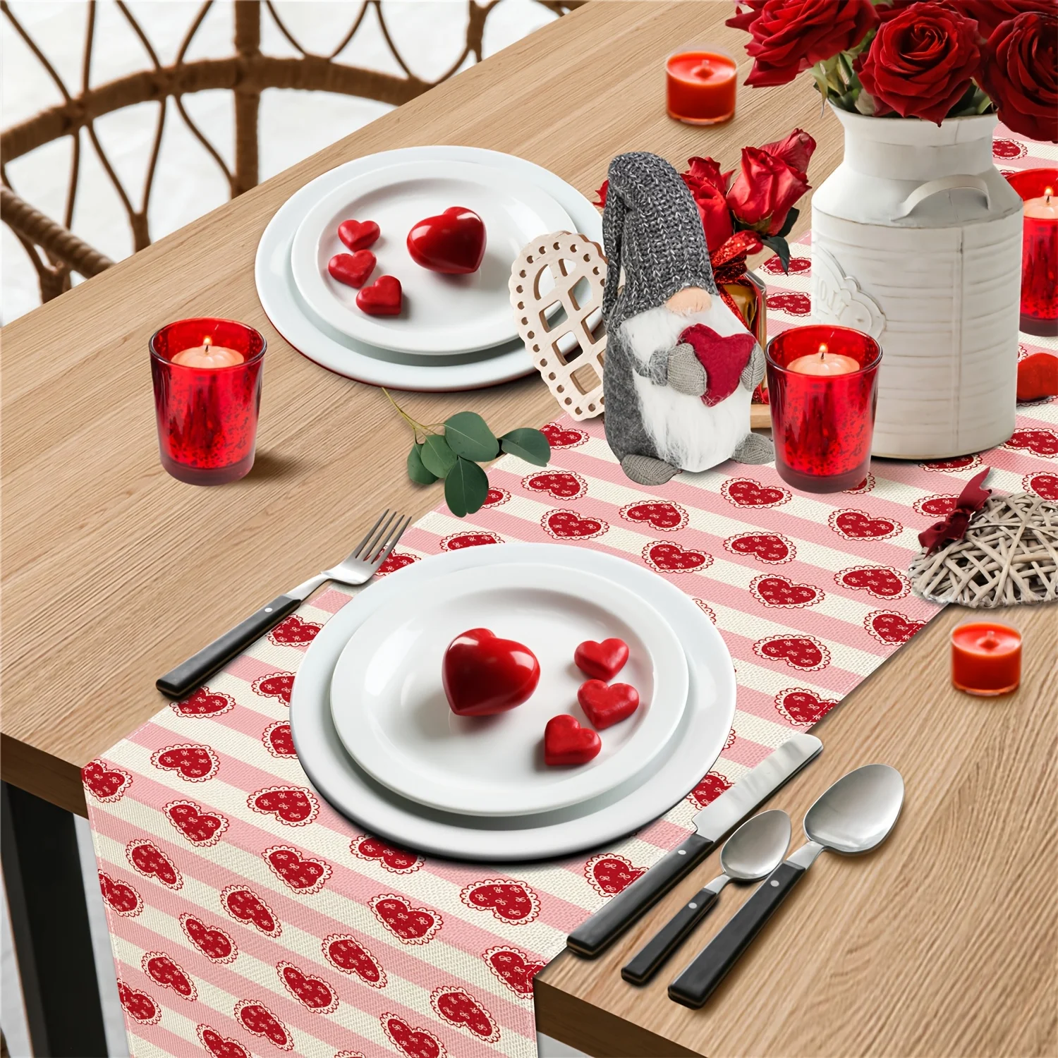 1 Piece Lace-Edged Heart-Shaped Bow Pink and White Striped Table Runner, Suitable for Farmhouse, Indoor, Kitchen, Celebrations, Table Decoration, Restaurant, and Banquet Decoration Supplies