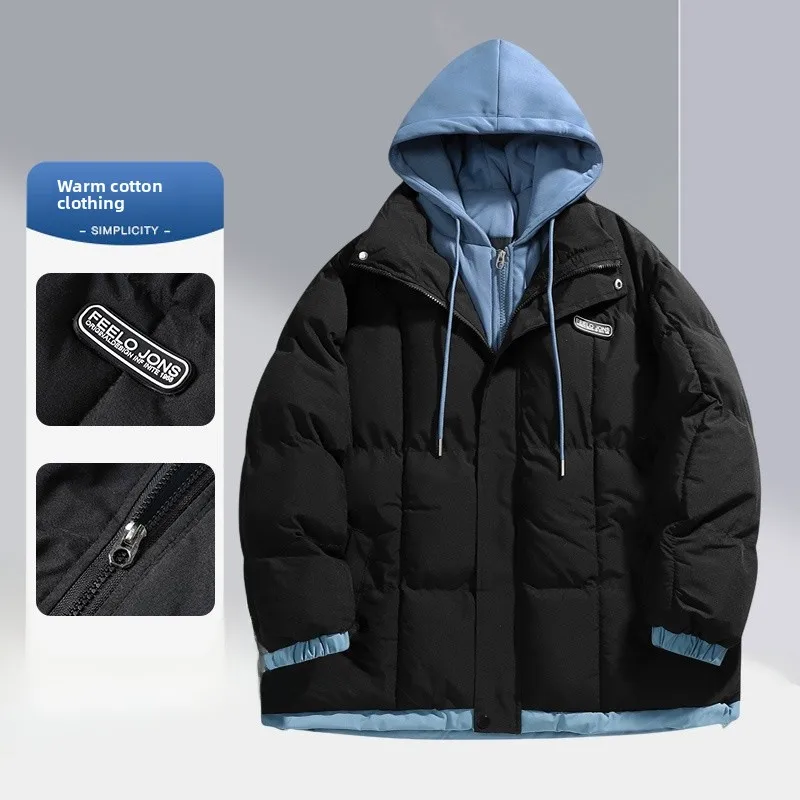 

Модная зимняя мужская куртка-обманка из хлопка с капюшоном, теплая, для студентов, из полиэстера, приталенного кроя, с длинными рукавами, на молнии