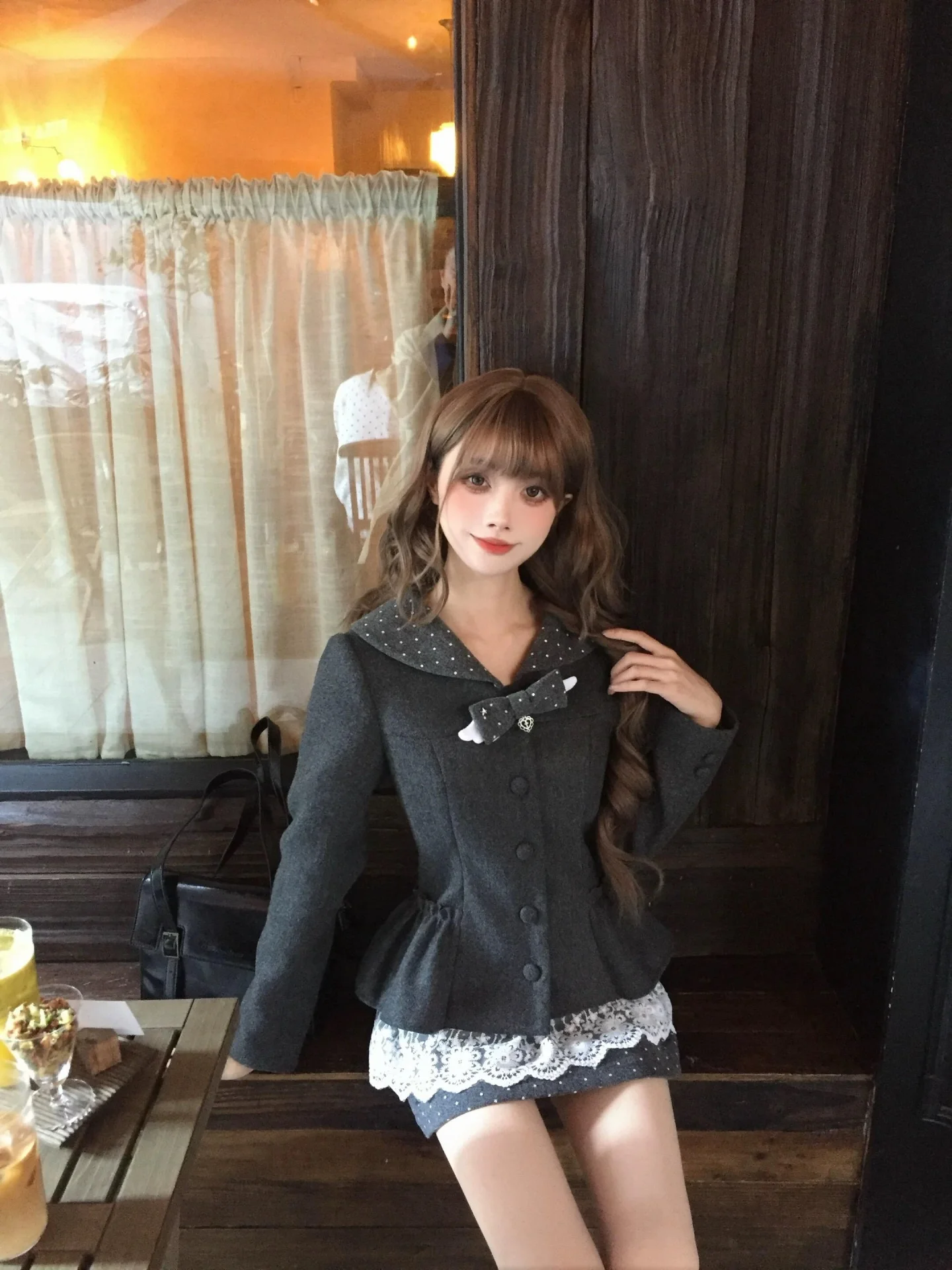 

Korean Style Rich Girl Spring Autumn Winter Fashion Set Women's Dress High Waist Short Pants Long Sleeve Lace Polka Dot Pattern