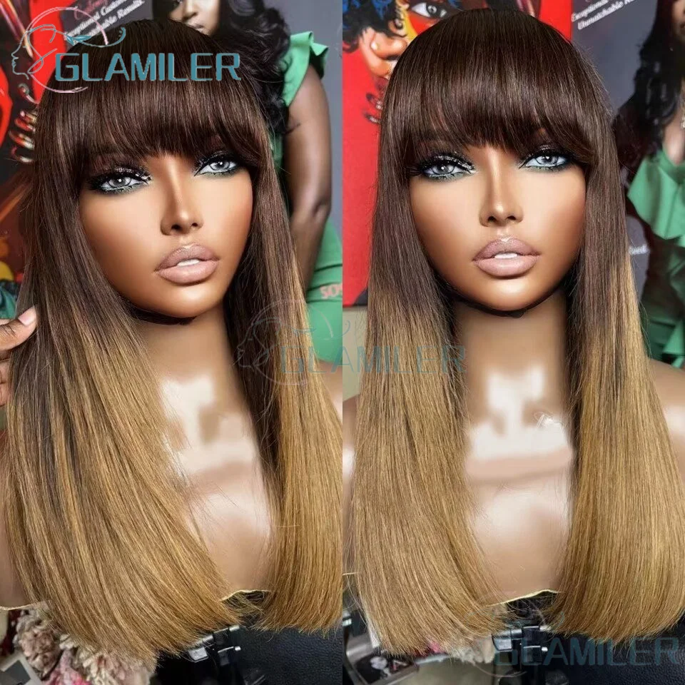 Brown Ombre Honey Blonde #4T27 5x5 Silk Top Wig HD Transparent Body Wave 13x4 Silk Top Human Hair Wigs with Bangs Short Bob Wigs