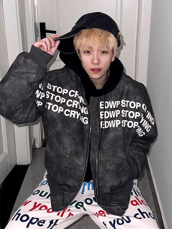 

Large Size 300 Pou American Retro Letter Print PU Leather Jaet Men's Sle Spring Autumn High Street Baseball orm