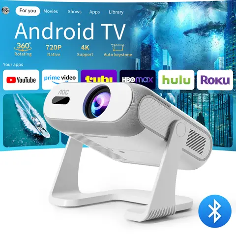AOC HA116 Mini Smart Projector Android14 Native 720P Support 4K Decoding Auto Focus Auto Keystone 360°Rotatable Stand BT5.X Dual WiFi Portable Home Theater Projector