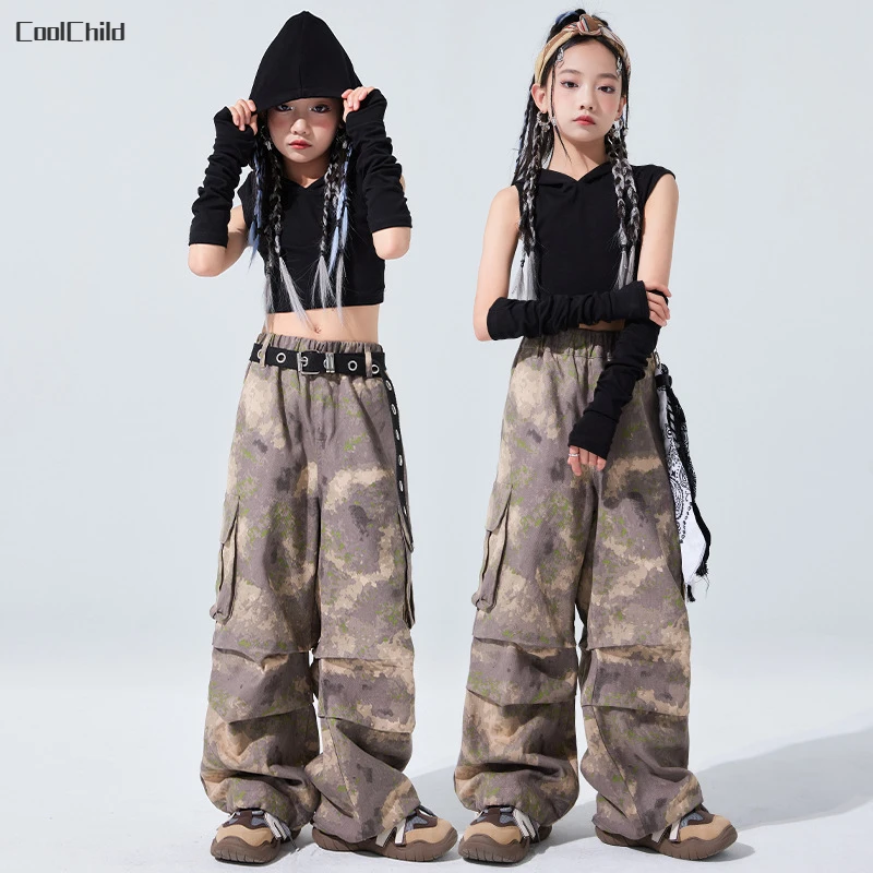 Girls Hip Hop Cool Crop Hoodies Camouflage Cargo Pants Children Street Dance Hooded Tank Top Kids Streetwear Jazz Clothes Sets