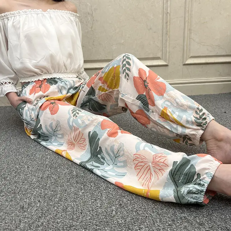 Pure Cotton Silk Sleepwear Pants Women's Summer Thin Loose plus Size Home Wear Floral Print Long Pants Comfortable Lightweight