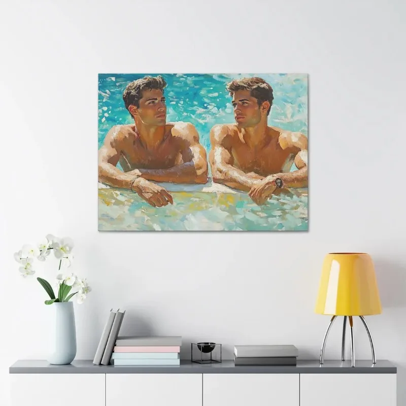 Gay Love Couple Poster Seaside Men Kiss and Hug Art Canvas Painting Print LGBTQ Wall Art Picture for Living Room Home Decoration