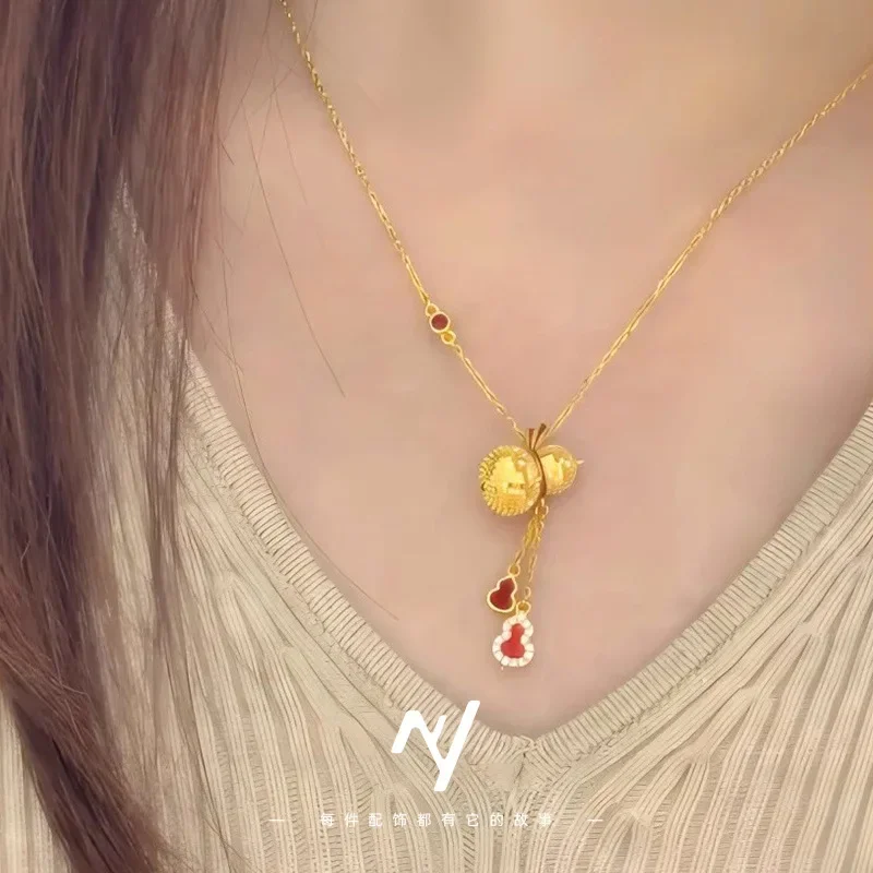 VivoGoldNew Chinese Enamel Color Hongyun Gourd Fulu 9999 24K Real Gold Necklace Women's Blasting Laser Dragon Scale Gourd Neckla