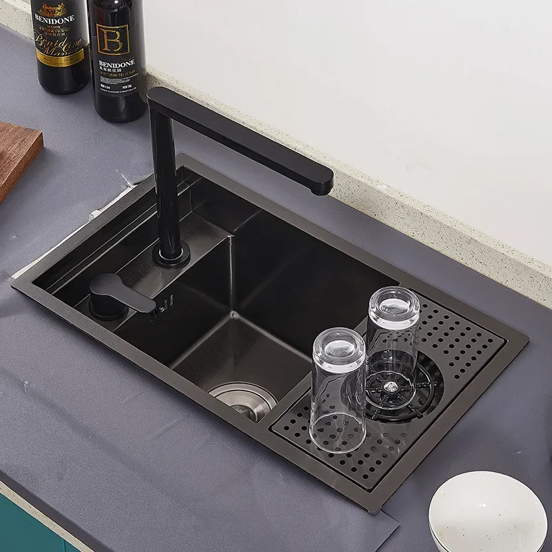 

Black Flip Cover Drop-In Undermount Stainless Steel 304 Kitchen Hidden Bar Sink With Glass Rinser And Faucet