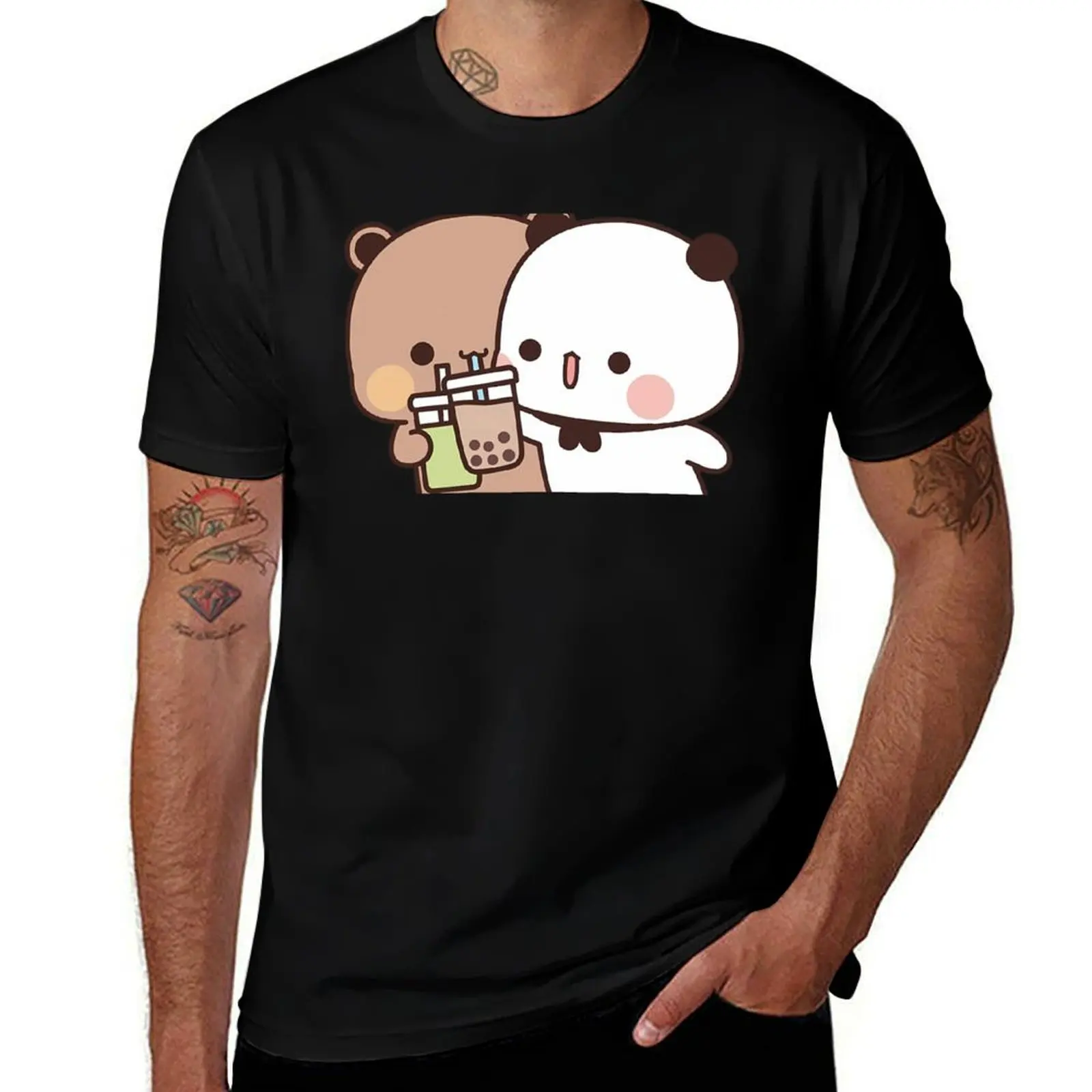 BuBu sharing her iced coffee with DuDu Bear T-Shirt All Weather Casual Short Sleeve T-Shirt