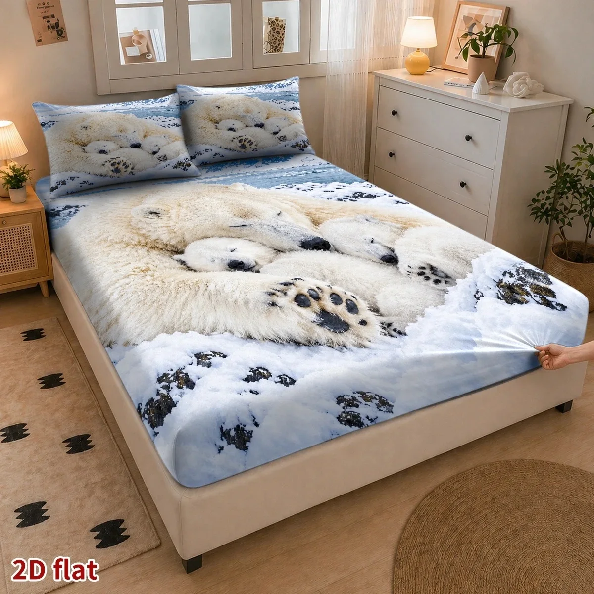 2D Cute Bear Panda Series Bed Sheets Set Flower Printed Fitted Sheets with Pillowcase for Bed