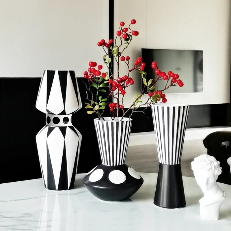 

Современная черно-белая полосатая ваза для цветов с геометрическим узором, художественная декоративная настольная композиция, винтажный стиль, украшение для дома