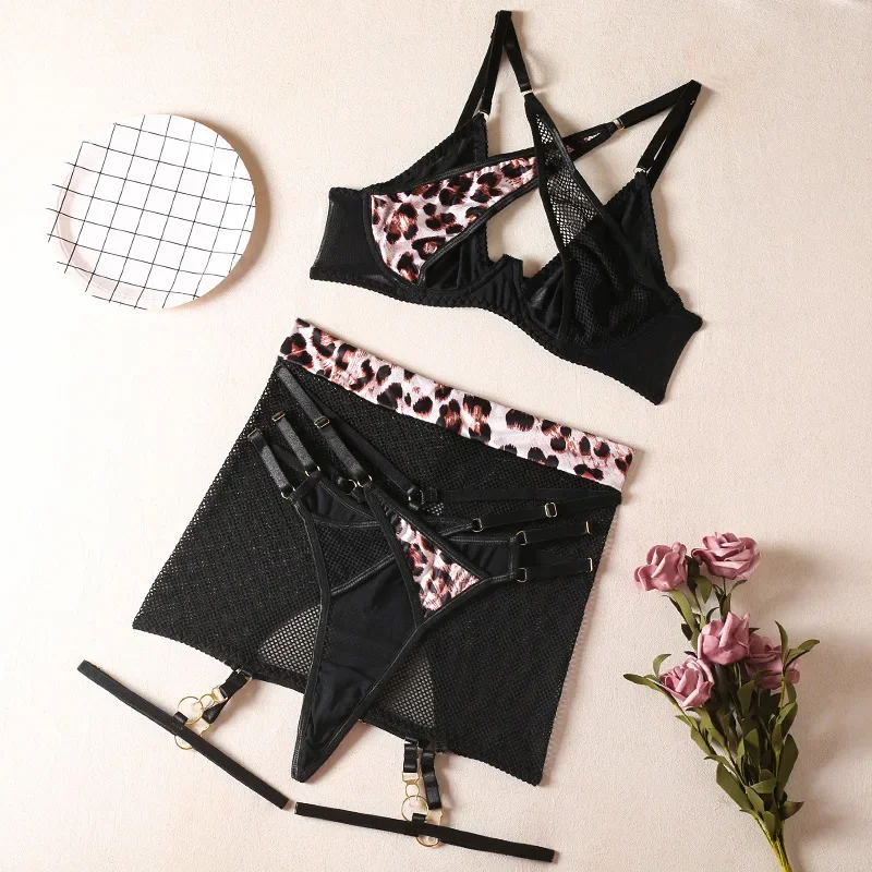 Lenceria الاباحية مثير ليوبارد طباعة الصدرية شبكة شفافة مجموعة الملابس الداخلية الفاخرة مثير مع Underwire