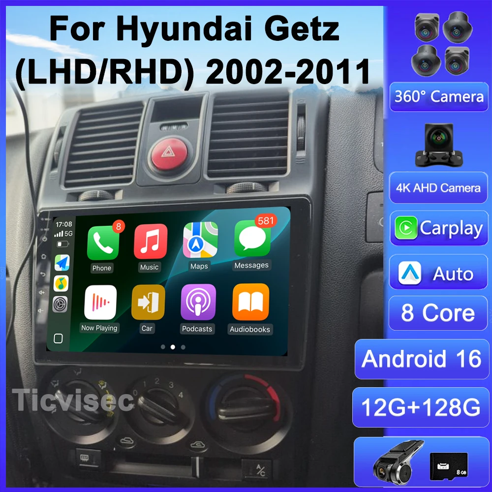 Android 16 Radio de coche 4G + WIFI Carplay para HYUNDAI GETZ 2002 - 2011 reproductor de vídeo Multimedia navegación GPS Android Auto 2 Din DVD 1