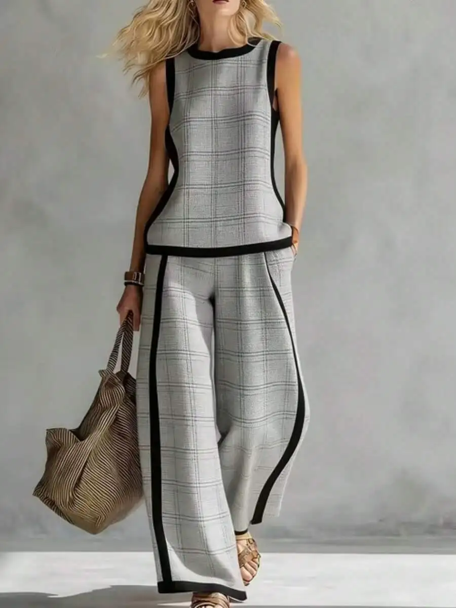 

Womens Plaid Tank Top And Wide Leg Pants Two-Piece Set Light Gray With Black Trim