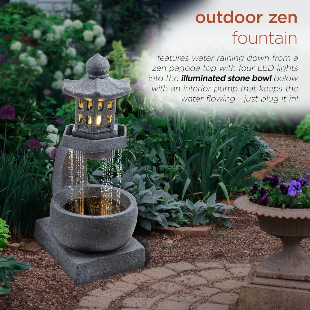 dig370 31" outdoor zen pagoda water fountain with led lights & illuminated stone bowl – tranquil garden water feature for relax