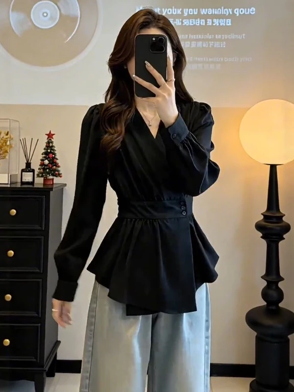 

Elegant V-Neck Black Shirt Women's Early Spring plus Size Slimming Fashionable Top Waist-Cinching French Style Long Sleeve