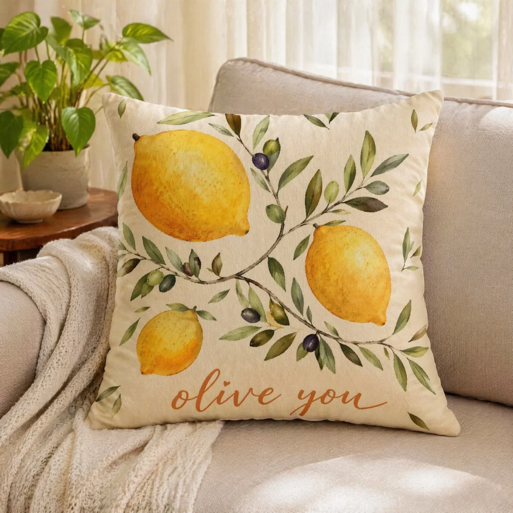 Lemon Olive Branch Print Flannel Stuffed Throw Pillow Soft Complete Square Cushion Farmhouse Spring Sofa Home Decor Pillow