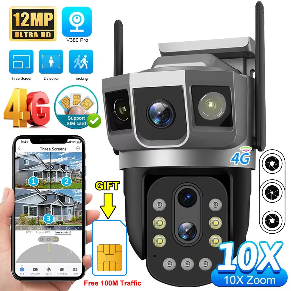 

Cámara IP 4G con tarjeta Sim 4G, pantallas triples12MP, 6K, Zoom presentationtico PTZ,visión nocturna en Color, Monitor seguridad V380 Pro